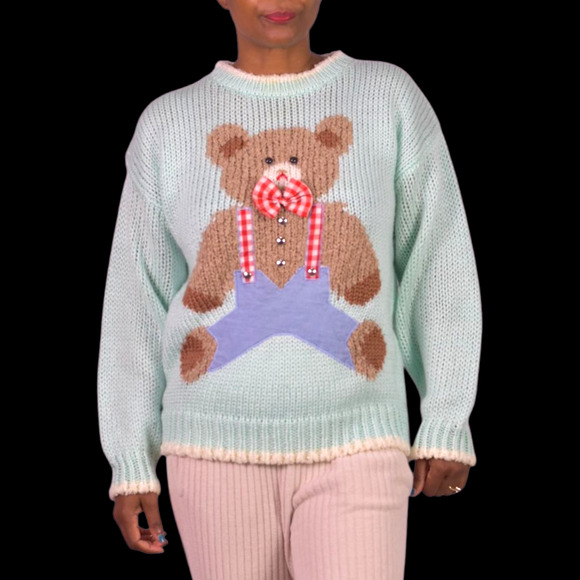 Vintage Far Near Teddy Bear 3D Sweater Green Pastel Textured Camp Novelty Large - Picture 11 of 16